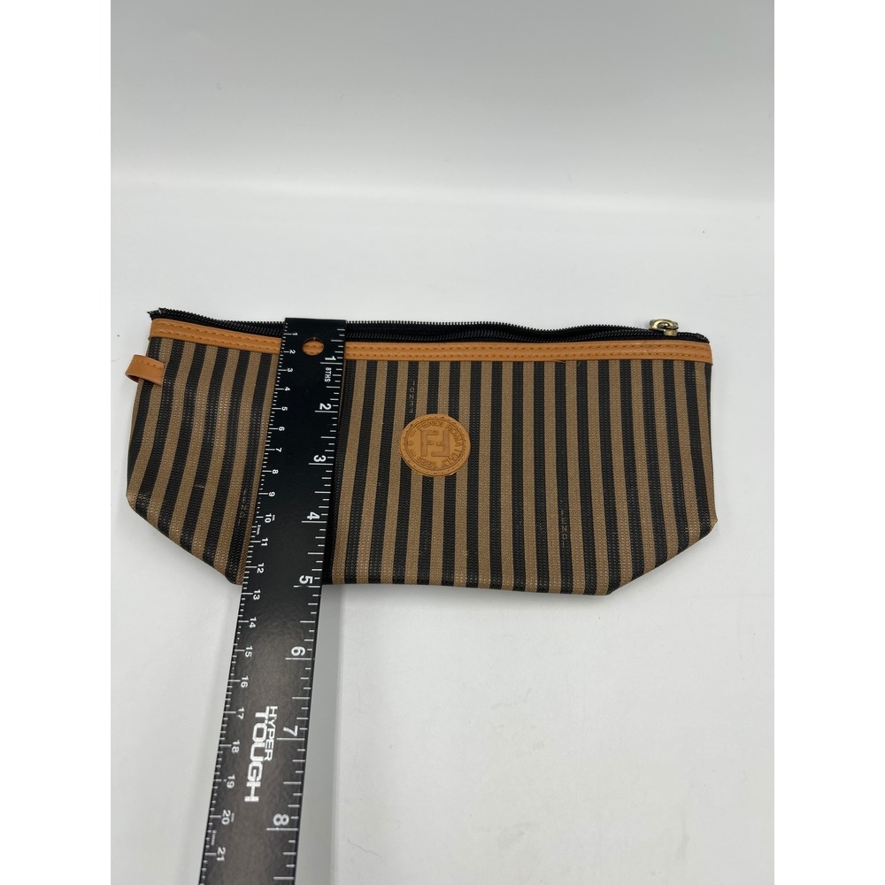Fendi Pequin Striped Canvas Leather Cosmetic Pouch Bag Brown Black Vintage Italy - Picture 7 of 8